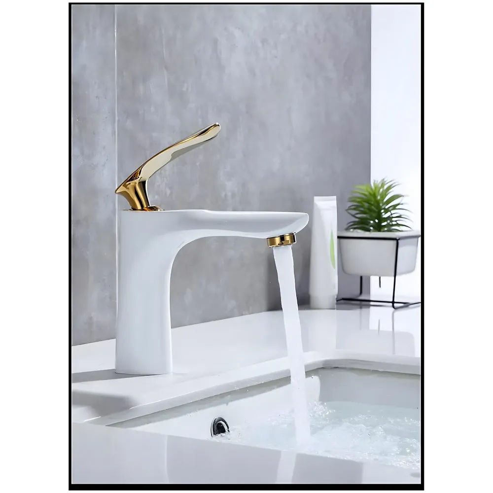 White Gold Faucet Tap Mixer Hot and Cold Water Heavy Single Lever Basin Mixer 7 inches with Connector Pipes and Ceramic Cartridge for Bathroom Wash Basins