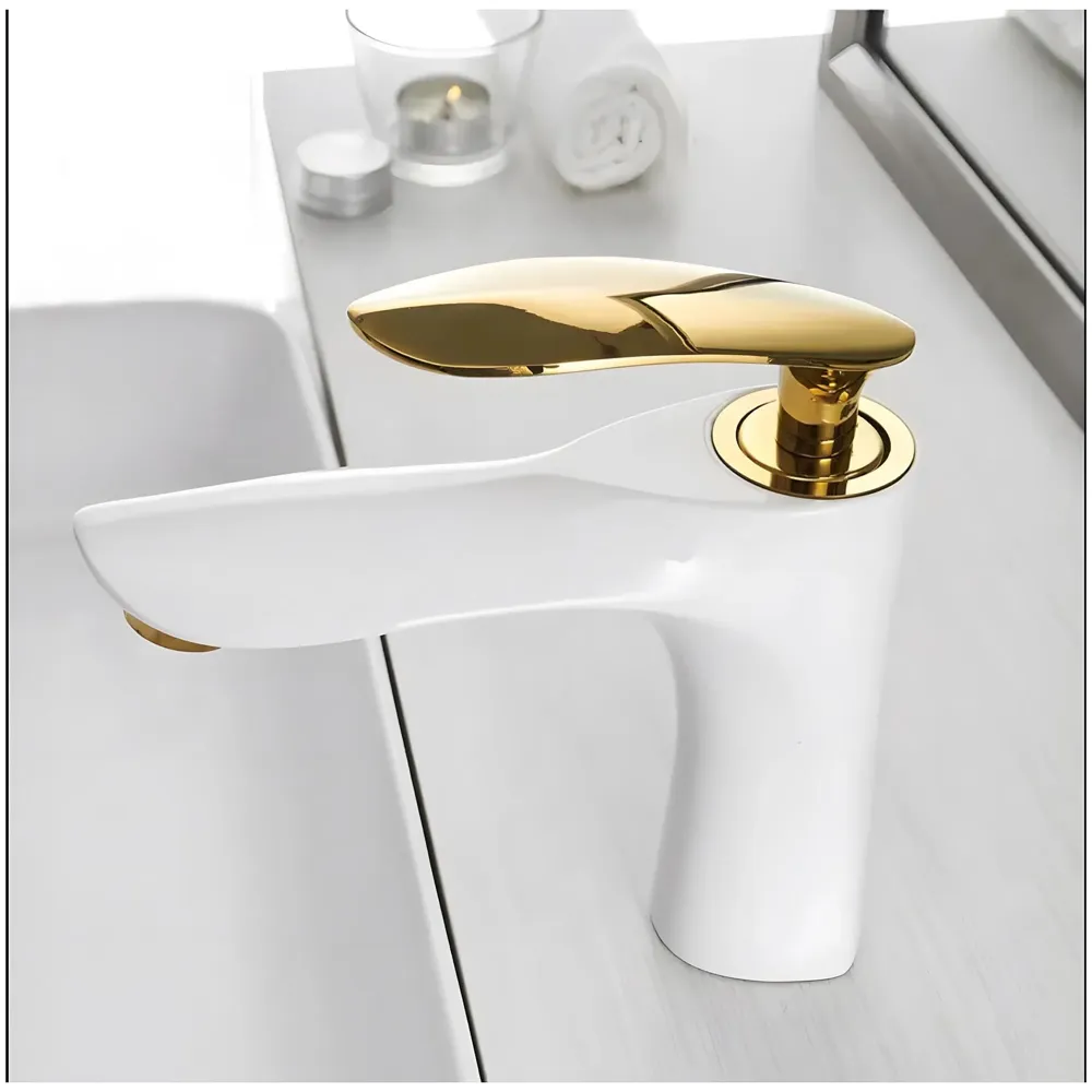White Gold Faucet Tap Mixer Hot and Cold Water Heavy Single Lever Basin Mixer 7 inches with Connector Pipes and Ceramic Cartridge for Bathroom Wash Basins