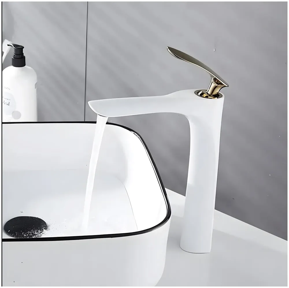 White Gold Faucet Tap Mixer Hot and Cold Water Heavy Single Lever Basin Mixer 12 inches with Connector Pipes and Ceramic Cartridge for Bathroom Wash Basins