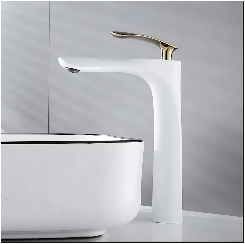 White Gold Faucet Tap Mixer Hot and Cold Water Heavy Single Lever Basin Mixer 12 inches with Connector Pipes and Ceramic Cartridge for Bathroom Wash Basins