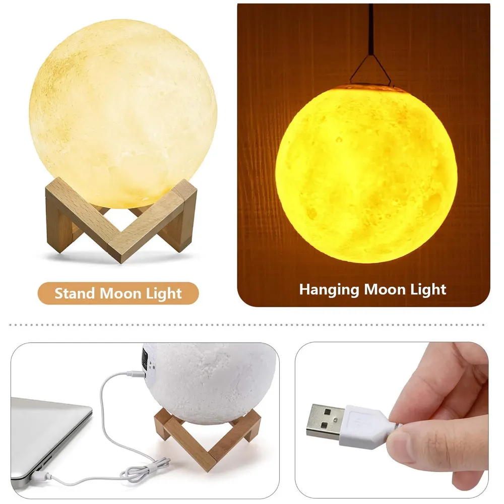 Upgraded Award Winning Moon Lamp Moon Light Touch Control Brightness 5.9 Inch 3D Printing Glowing Lunar Lamp Night Light with Stand USB Rechargeable Dimmable 3 Colours
