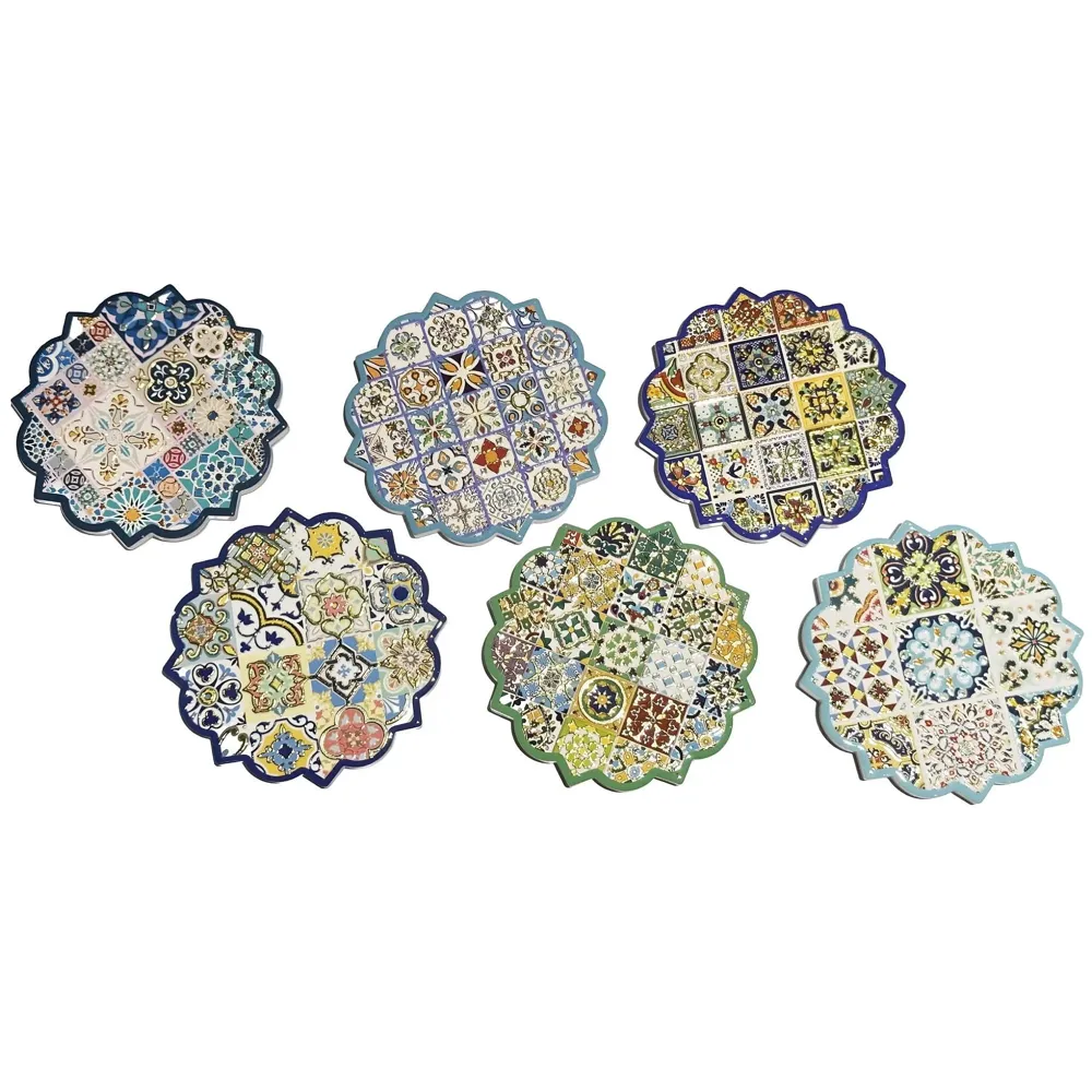 Moroccan Design Ceramic Coasters for Table Decor, Set of 6 | U.V. Printed Flower Shaped Ceramic with Cork Base for Anti-Skid | Gift for Housewarming Room Bar Decor (4.4 inches)