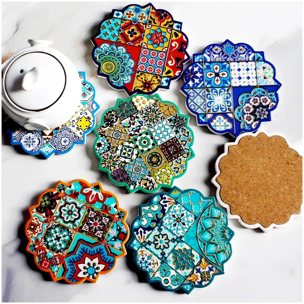 Moroccan Design Ceramic Coasters for Table Decor, Set of 6 | U.V. Printed Flower Shaped Ceramic with Cork Base for Anti-Skid | Gift for Housewarming Room Bar Decor (4.4 inches) - 3