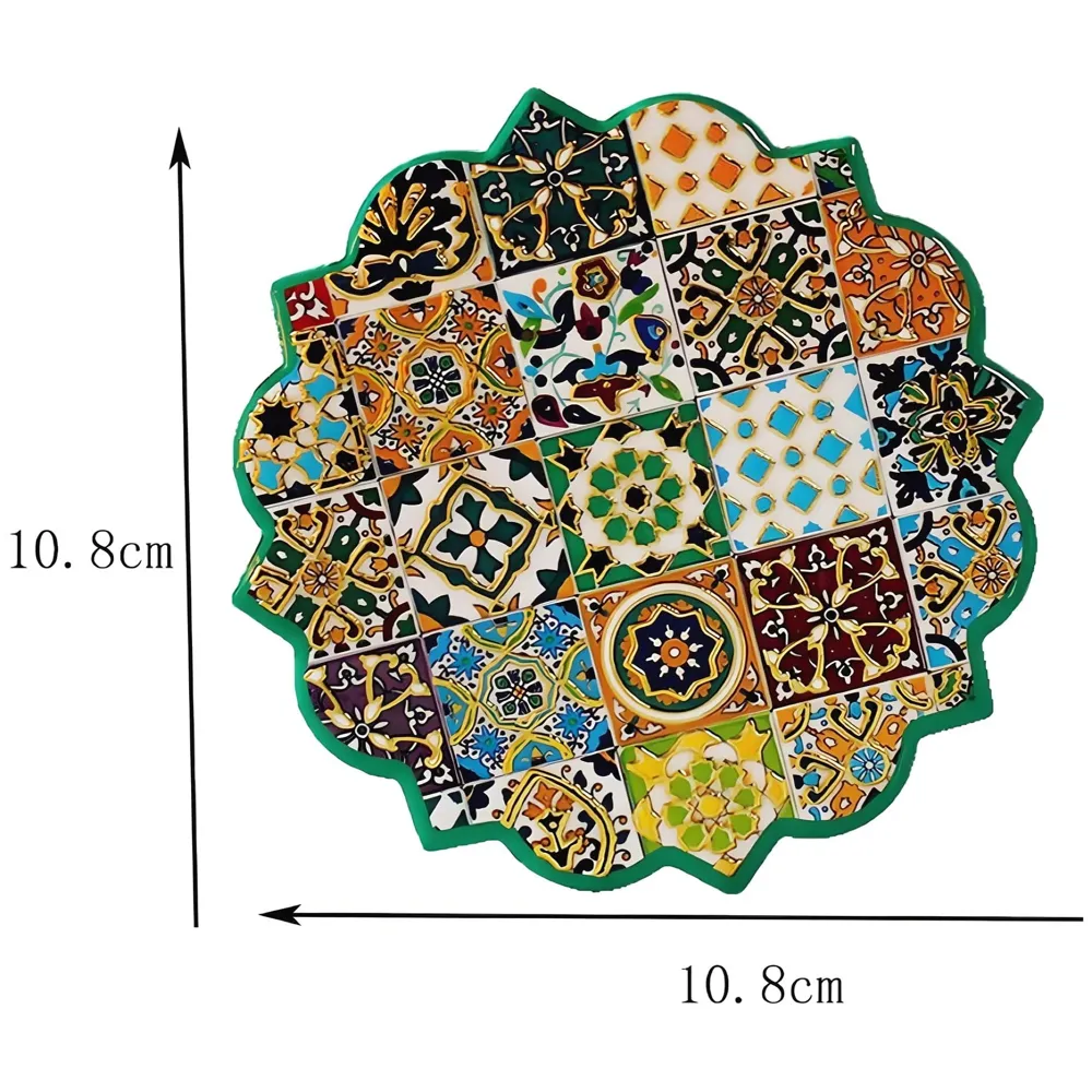 Moroccan Design Ceramic Coasters for Table Decor, Set of 6 | U.V. Printed Flower Shaped Ceramic with Cork Base for Anti-Skid | Gift for Housewarming Room Bar Decor (4.4 inches) - 4