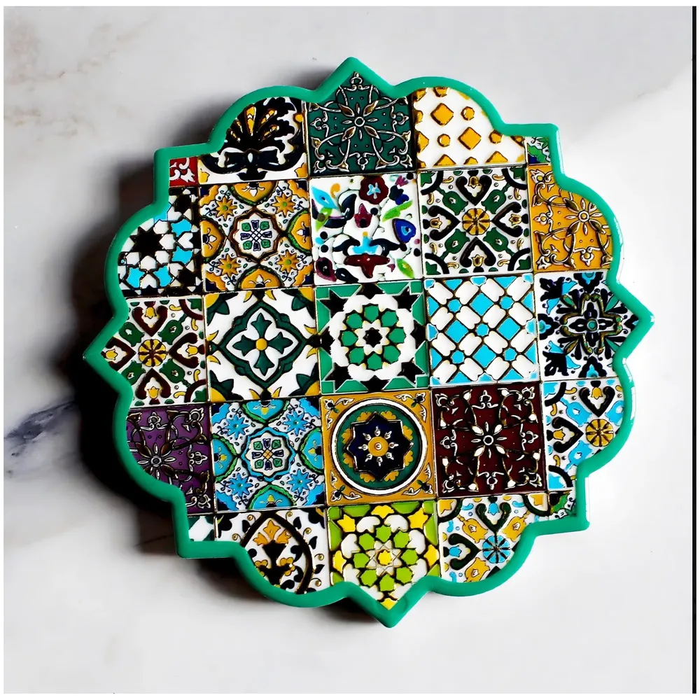 Moroccan Design Ceramic Coasters for Table Decor, Set of 6 | U.V. Printed Flower Shaped Ceramic with Cork Base for Anti-Skid | Gift for Housewarming Room Bar Decor (4.4 inches) - 5