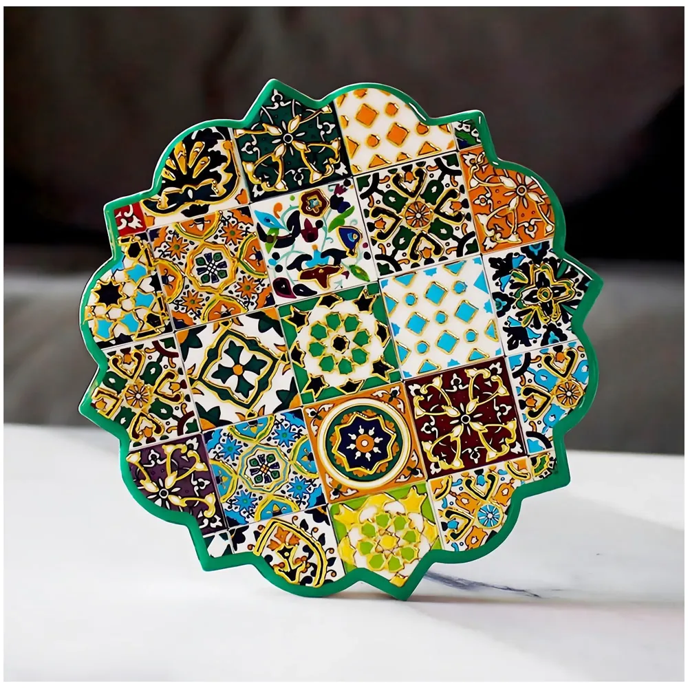 Moroccan Design Ceramic Coasters for Table Decor, Set of 6 | U.V. Printed Flower Shaped Ceramic with Cork Base for Anti-Skid | Gift for Housewarming Room Bar Decor (4.4 inches) - 6