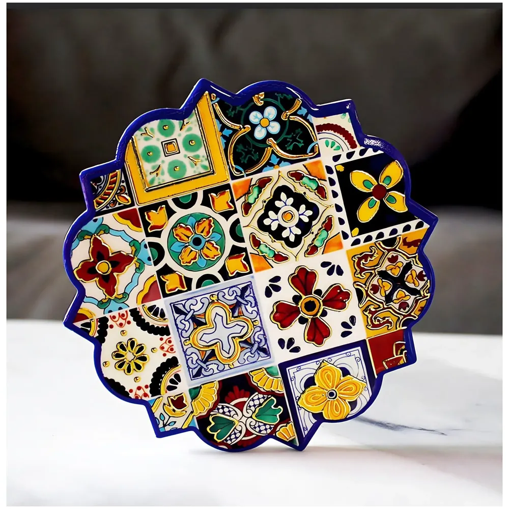 Moroccan Design Ceramic Coasters for Table Decor, Set of 6 | U.V. Printed Flower Shaped Ceramic with Cork Base for Anti-Skid | Gift for Housewarming Room Bar Decor (4.4 inches) - 7