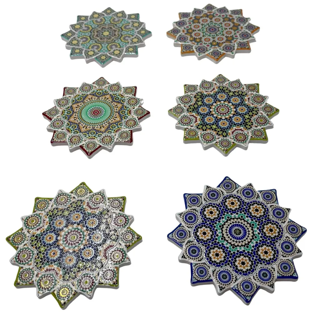 Star Moroccan Design Ceramic Coasters for Table Decor, Set of 6 | U.V. Printed Flower Shaped Ceramic with Cork Base for Anti-Skid | Gift for Housewarming Room Bar Decor (4.5 inches) - 3