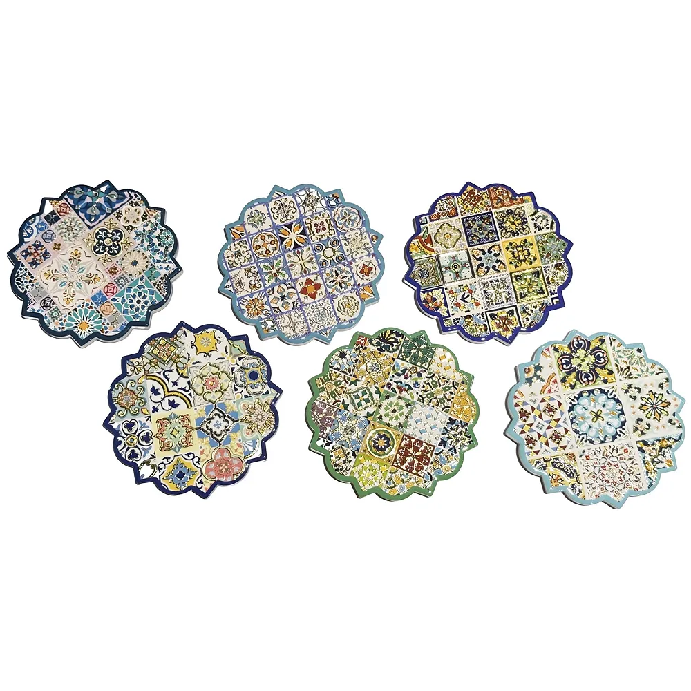Set of 6 Moroccan Ceramic Coasters UV Printed Cork Base 4.4 inch