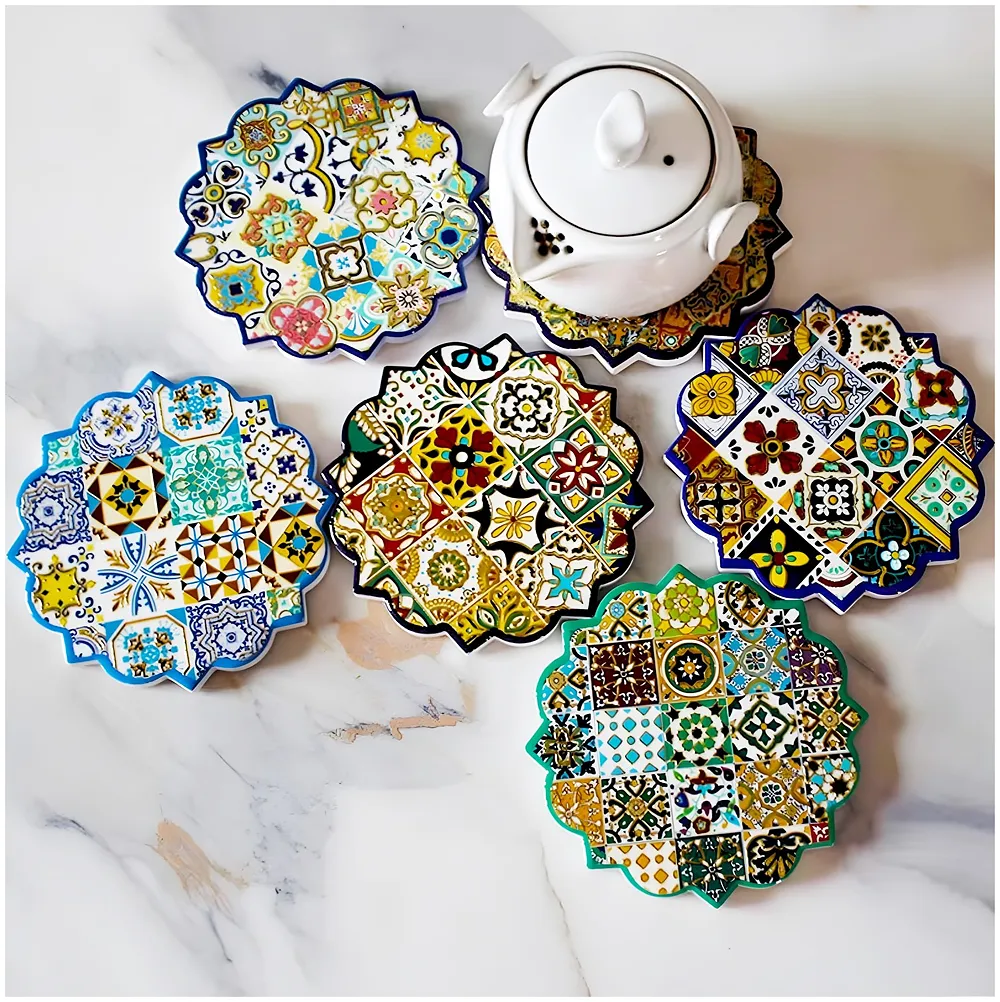 Set of 6 Moroccan Ceramic Coasters UV Printed Cork Base 4.4 inch