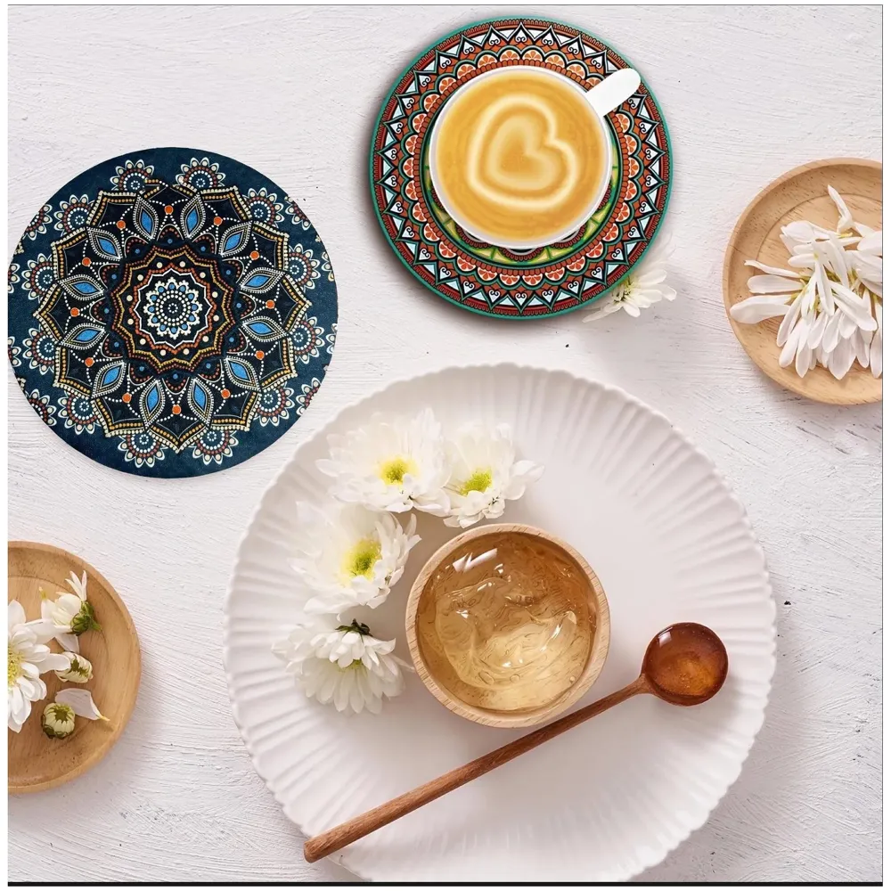 6 Pcs Moroccan Design PVC Flexible Coasters for Table Decor, Set of 6 Printed Flower Shaped Base for Anti-Skid | Gift for Housewarming Room Bar Decor (5.5 inches) Dark Green - 3
