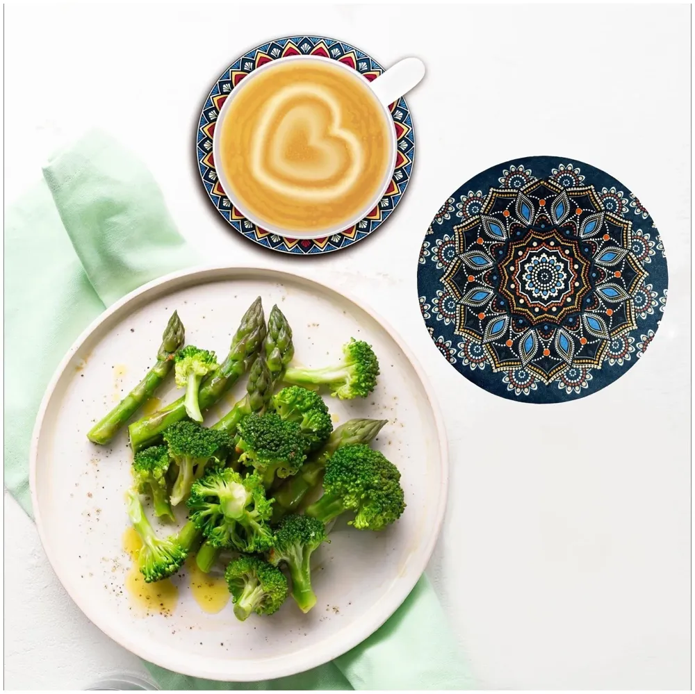 6 Pcs Moroccan Design PVC Flexible Coasters for Table Decor, Set of 6 Printed Flower Shaped Base for Anti-Skid | Gift for Housewarming Room Bar Decor (5.5 inches) Dark Green - 4