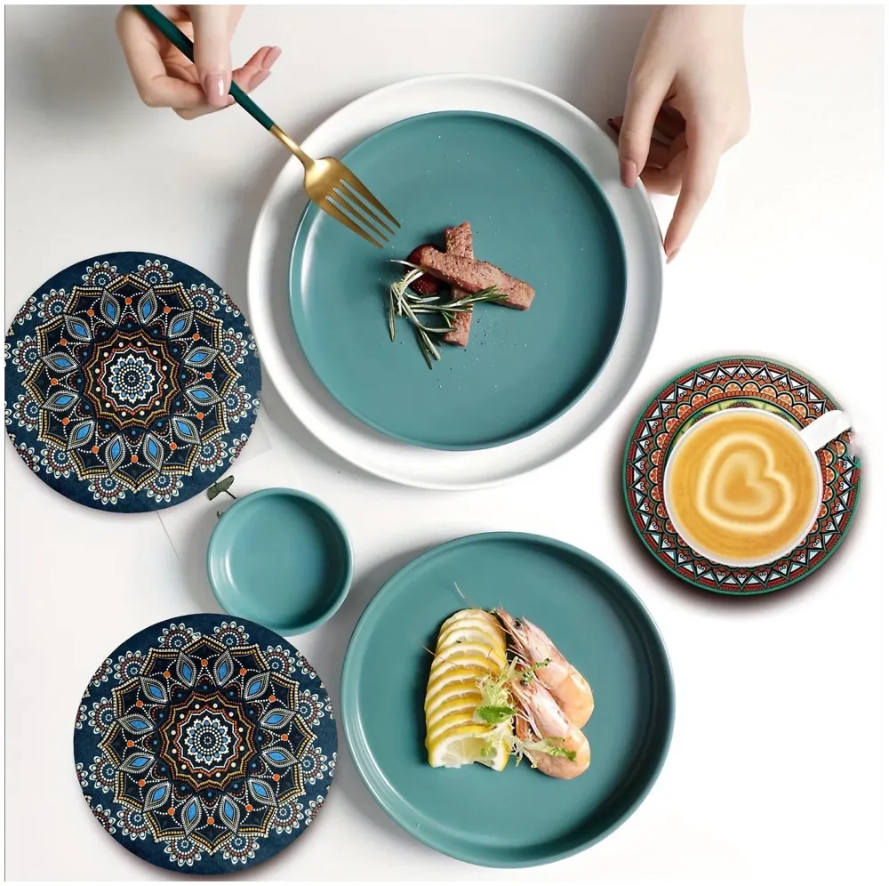 6 Pcs Moroccan Design PVC Flexible Coasters for Table Decor, Set of 6 Printed Flower Shaped Base for Anti-Skid | Gift for Housewarming Room Bar Decor (5.5 inches) Dark Green - 5