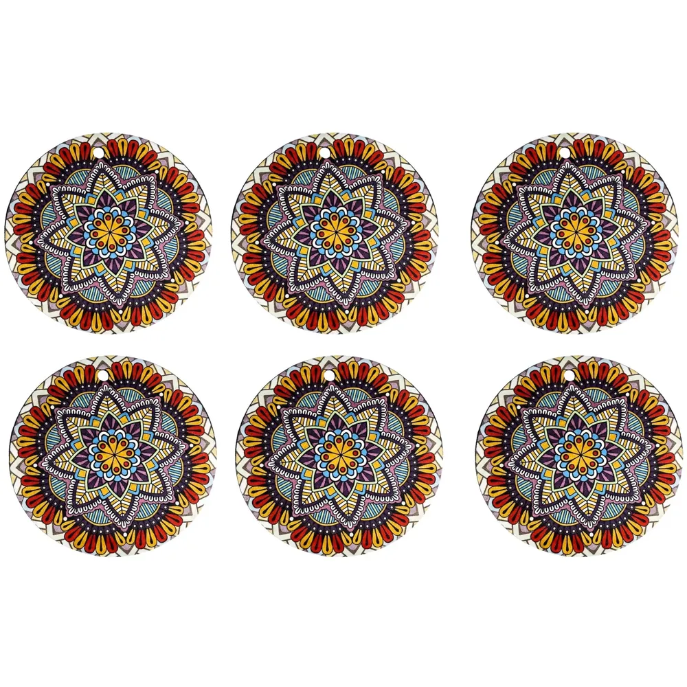 6 Pcs Moroccan Design PVC Flexible Coasters for Table Decor, Set of 6 Printed Flower Shaped Base for Anti-Skid | Gift for Housewarming Room Bar Decor (5.5 inches) Red