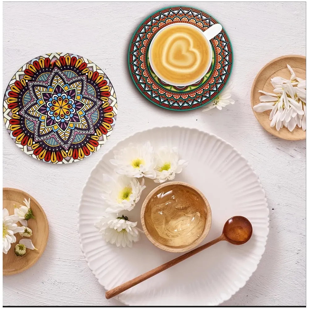 6 Pcs Moroccan Design PVC Flexible Coasters for Table Decor, Set of 6 Printed Flower Shaped Base for Anti-Skid | Gift for Housewarming Room Bar Decor (5.5 inches) Red - 3