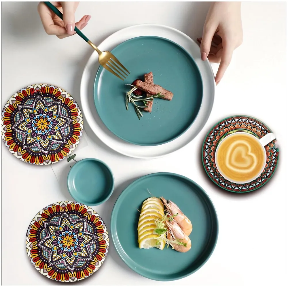 6 Pcs Moroccan Design PVC Flexible Coasters for Table Decor, Set of 6 Printed Flower Shaped Base for Anti-Skid | Gift for Housewarming Room Bar Decor (5.5 inches) Red - 5