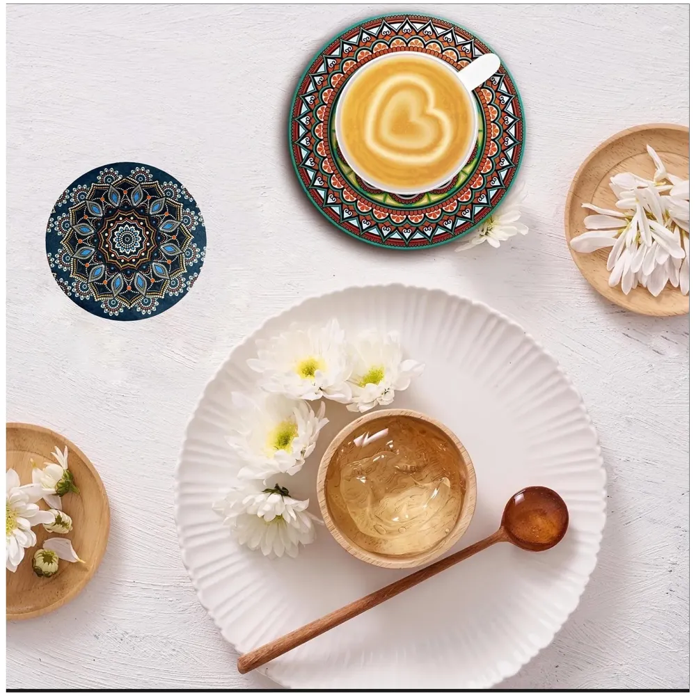 6 Pcs Moroccan Design PVC Flexible Coasters for Table Decor, Set of 6 Printed Flower Shaped Base for Anti-Skid | Gift for Housewarming Room Bar Decor (4 inches) Dark Green Small - 3