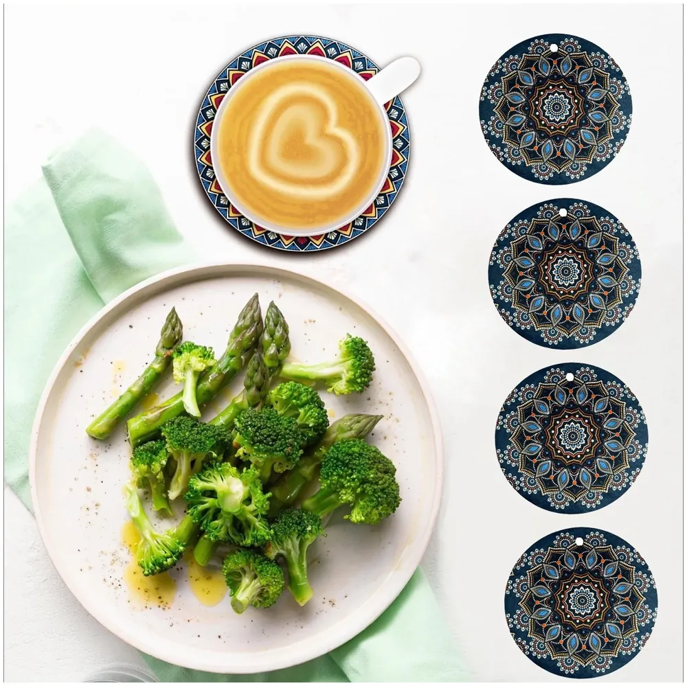 6 Pcs Moroccan Design PVC Flexible Coasters for Table Decor, Set of 6 Printed Flower Shaped Base for Anti-Skid | Gift for Housewarming Room Bar Decor (4 inches) Dark Green Small - 4