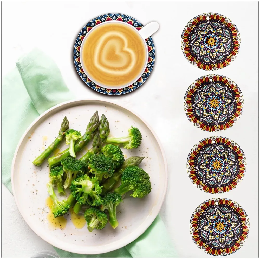 6 Pcs Moroccan Design PVC Flexible Coasters for Table Decor, Set of 6 Printed Flower Shaped Base for Anti-Skid | Gift for Housewarming Room Bar Decor (4 inches) Red Small - 4