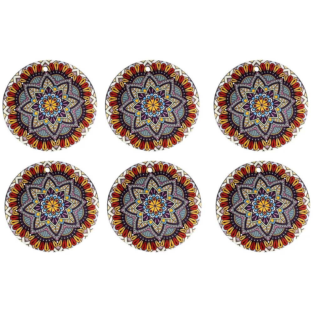 6 Pcs Moroccan Design PVC Flexible Coasters for Table Decor, Set of 6 Printed Flower Shaped Base for Anti-Skid | Gift for Housewarming Room Bar Decor (4 inches) Red Small