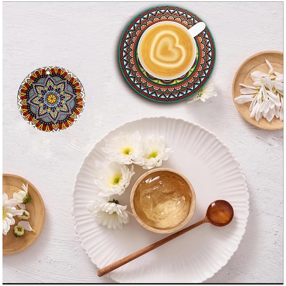 6 Pcs Moroccan Design PVC Flexible Coasters for Table Decor, Set of 6 Printed Flower Shaped Base for Anti-Skid | Gift for Housewarming Room Bar Decor (4 inches) Red Small