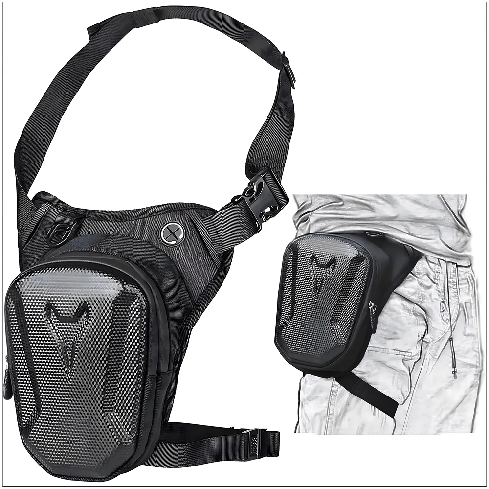 Waterproof Motorcycle Leg Bag | Hard Shell Carbon Texture | 4-Way Wear Leg Crossbody Chest Shoulder | Double Layer Storage | Honeycomb Pad | Men Women