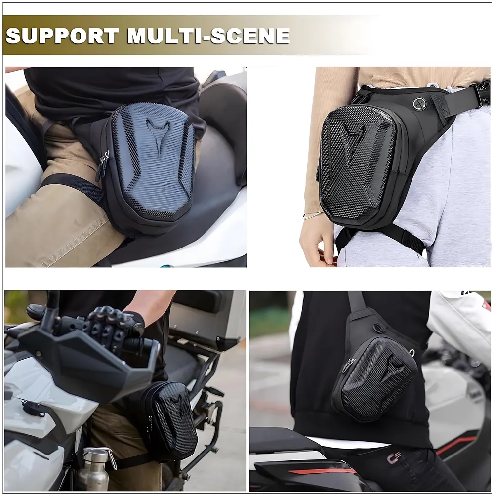 Waterproof Motorcycle Leg Bag | Hard Shell Carbon Texture | 4-Way Wear Leg Crossbody Chest Shoulder | Double Layer Storage | Honeycomb Pad | Men Women