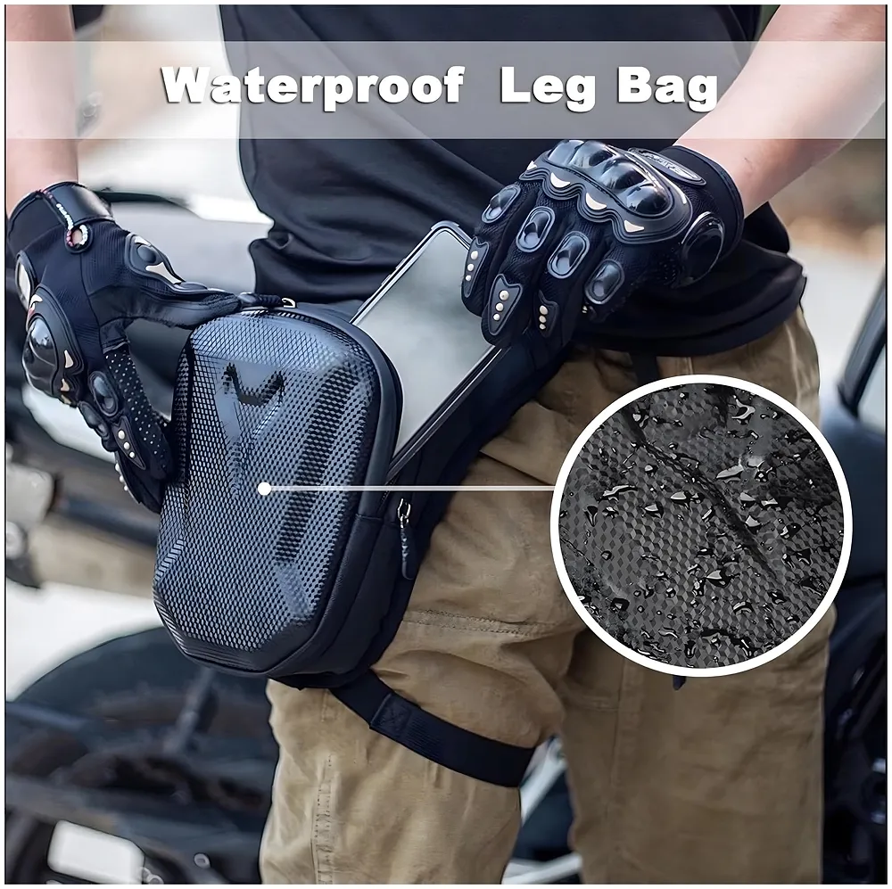 Waterproof Motorcycle Leg Bag | Hard Shell Carbon Texture | 4-Way Wear Leg Crossbody Chest Shoulder | Double Layer Storage | Honeycomb Pad | Men Women