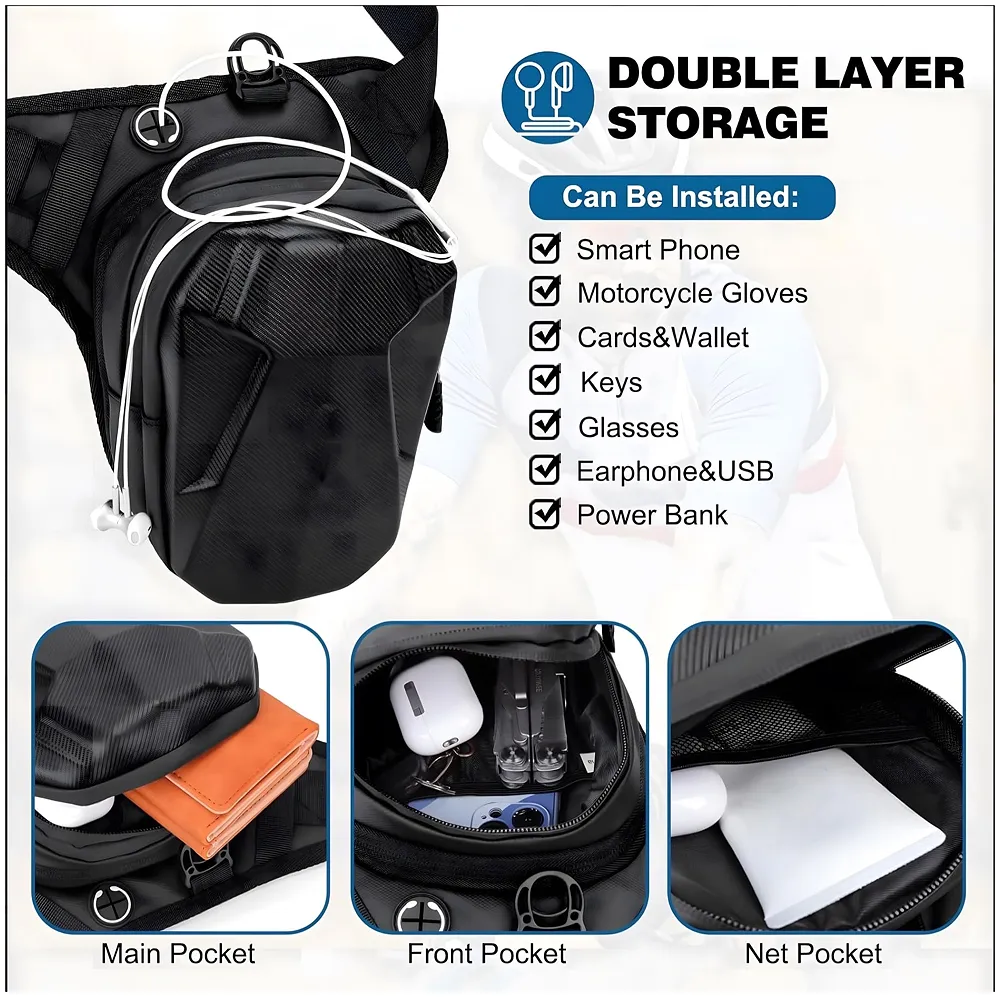 Waterproof Motorcycle Leg Bag | Hard Shell Carbon Texture | 4-Way Wear Leg Crossbody Chest Shoulder | Double Layer Storage | Honeycomb Pad | Men Women