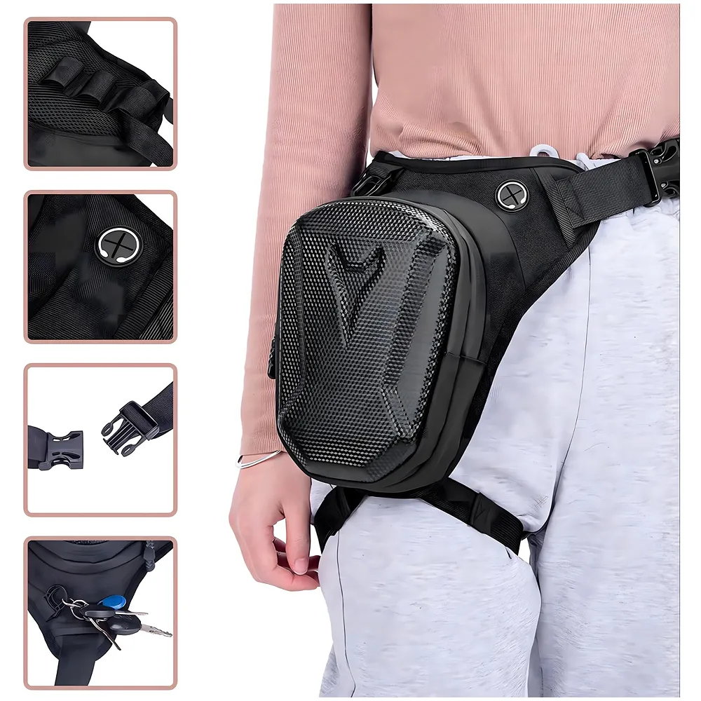 Waterproof Motorcycle Leg Bag | Hard Shell Carbon Texture | 4-Way Wear Leg Crossbody Chest Shoulder | Double Layer Storage | Honeycomb Pad | Men Women