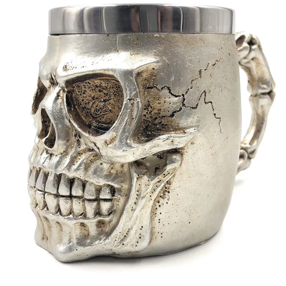 3D Skull Mug Stainless Steel 301-400ml Coffee Tea Cup (Smiling Silver)
