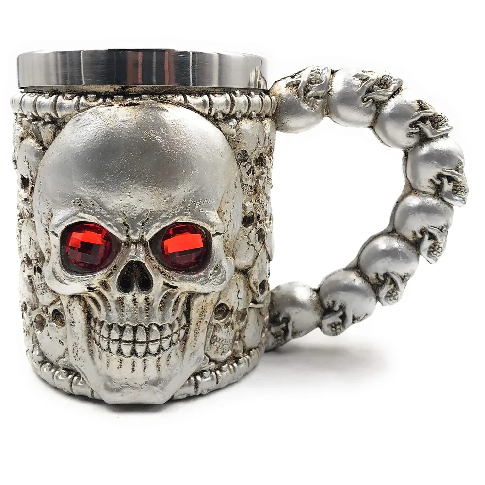 3D Skull Mug Stainless Steel 301-400ml Coffee Tea Cup (Red Eyes Silver)