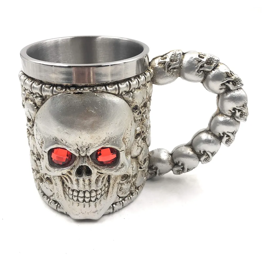 3D Skull Mug Stainless Steel 301-400ml Coffee Tea Cup (Red Eyes Silver)