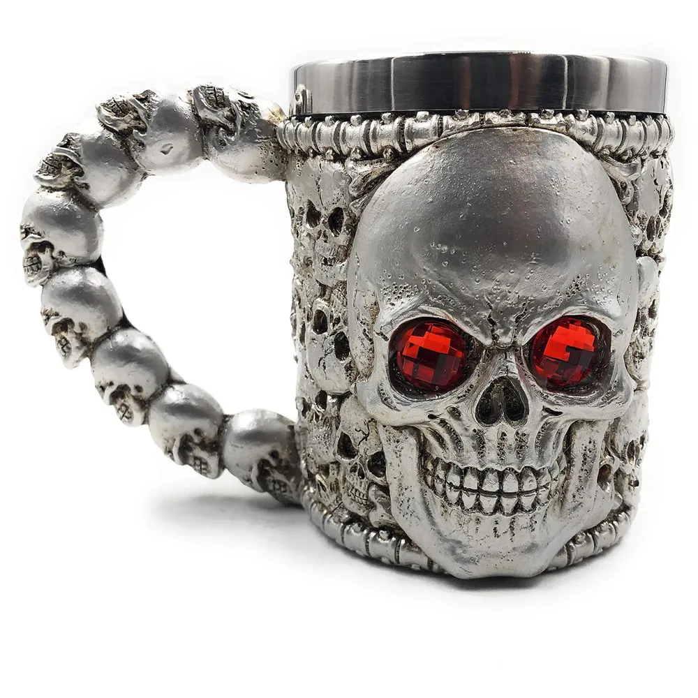 3D Skull Mug Stainless Steel 301-400ml Coffee Tea Cup (Red Eyes Silver)