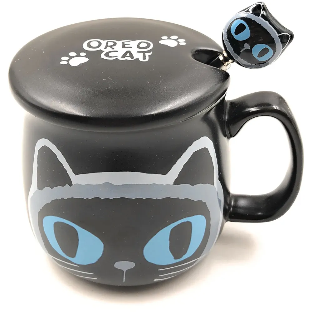 3-D Molded Cute Animal Ceramic Mug with Spoon and Lid ~ Box Packed and High Detailing (Black Oreo Cat)