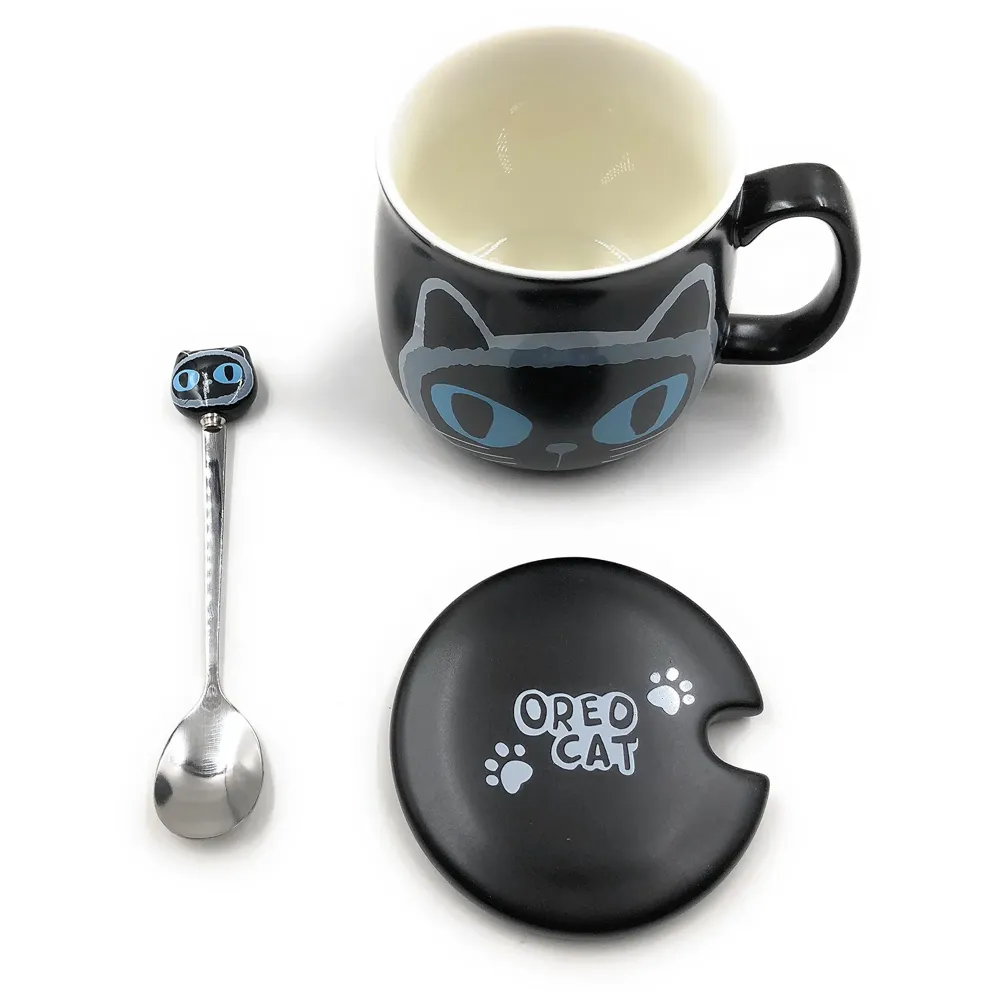 3-D Molded Cute Animal Ceramic Mug with Spoon and Lid ~ Box Packed and High Detailing (Black Oreo Cat)