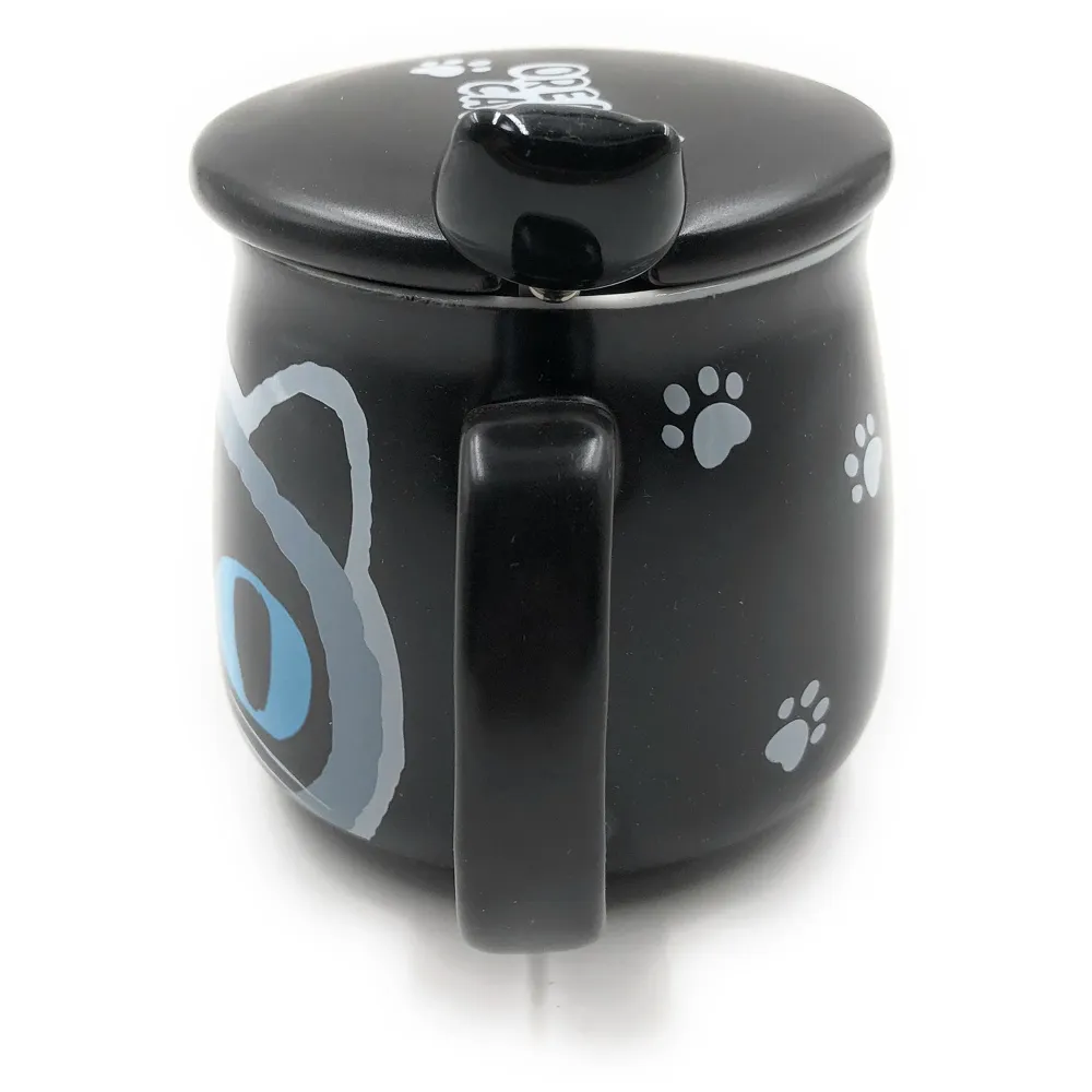 3-D Molded Cute Animal Ceramic Mug with Spoon and Lid ~ Box Packed and High Detailing (Black Oreo Cat)
