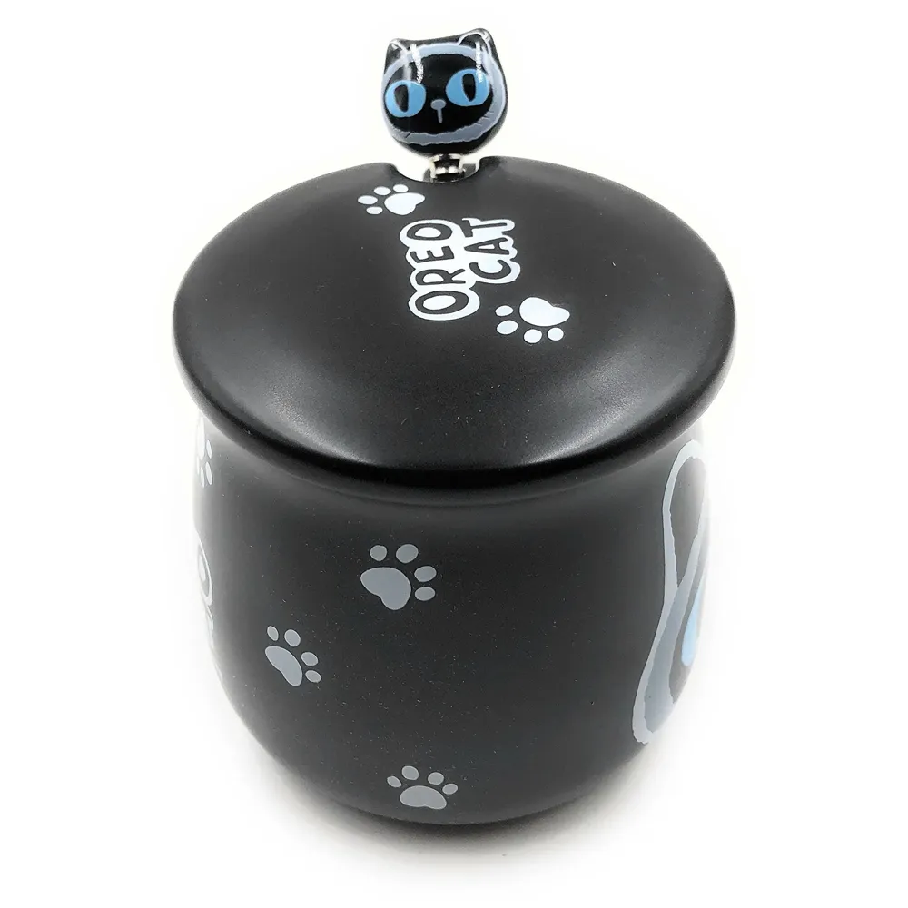 3-D Molded Cute Animal Ceramic Mug with Spoon and Lid ~ Box Packed and High Detailing (Black Oreo Cat)