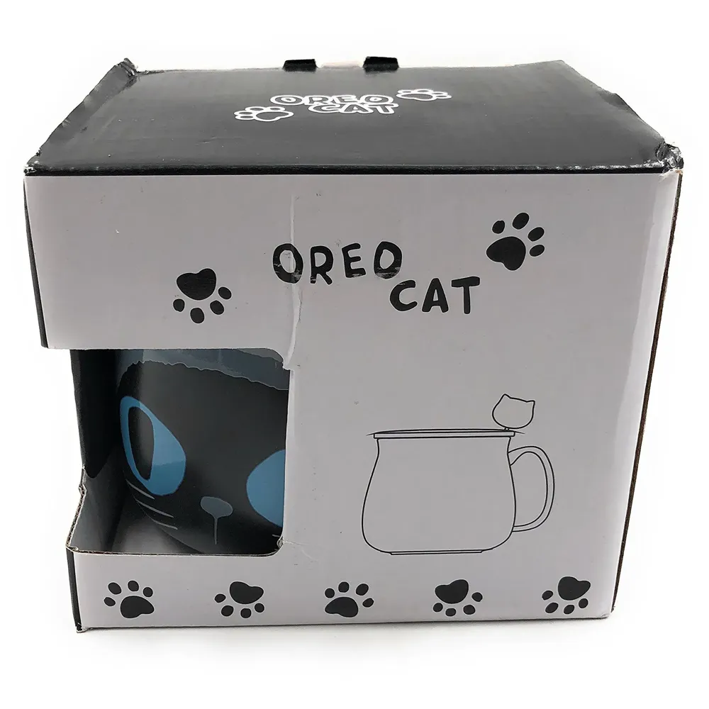 3-D Molded Cute Animal Ceramic Mug with Spoon and Lid ~ Box Packed and High Detailing (Black Oreo Cat)