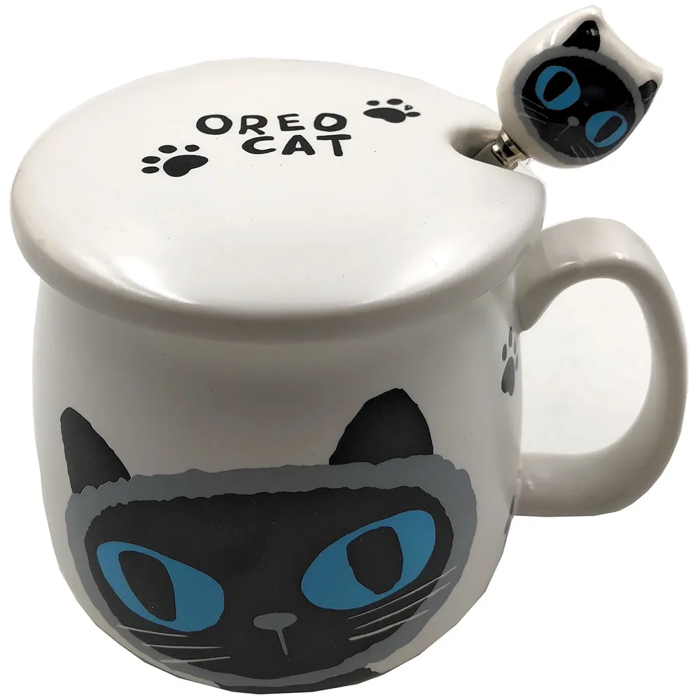 3-D Molded I Cute Animal Ceramic Mug with Spoon and Lid ~ Box Packed and High Detailing (White Oreo Cat)