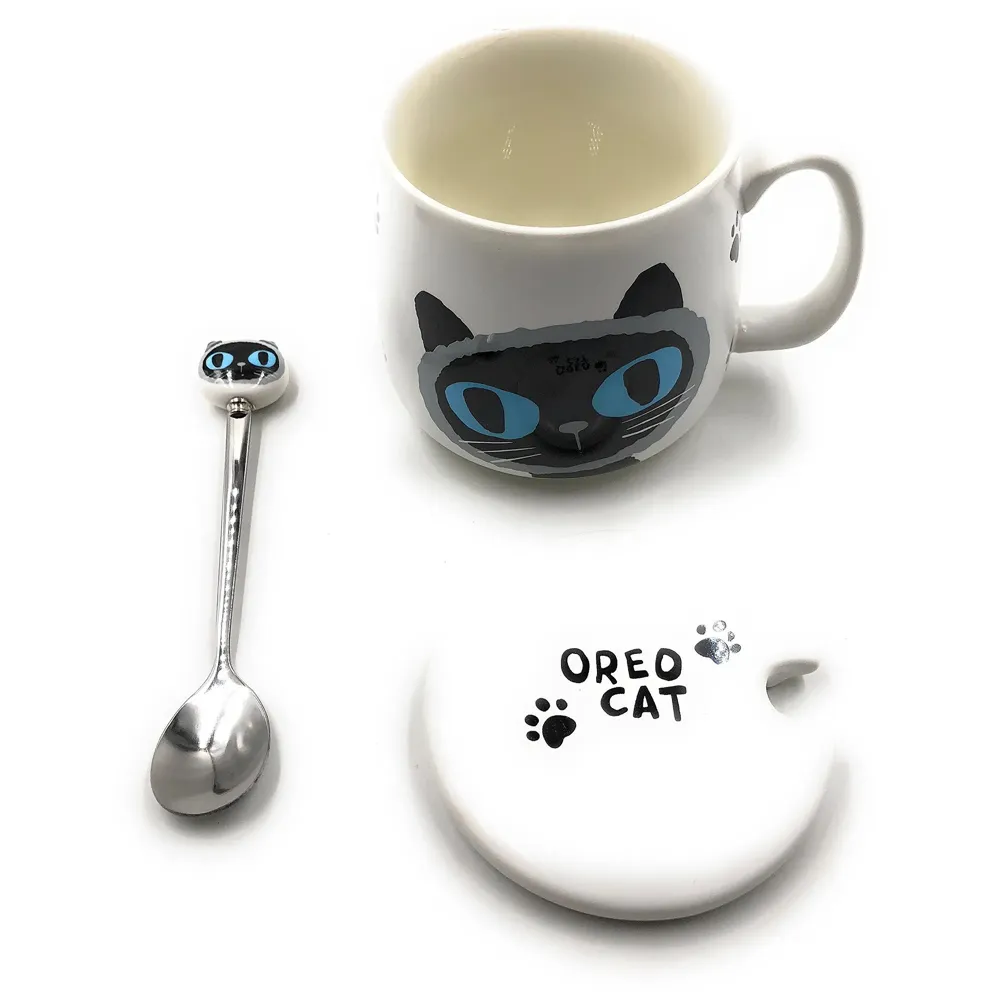 3-D Molded I Cute Animal Ceramic Mug with Spoon and Lid ~ Box Packed and High Detailing (White Oreo Cat)