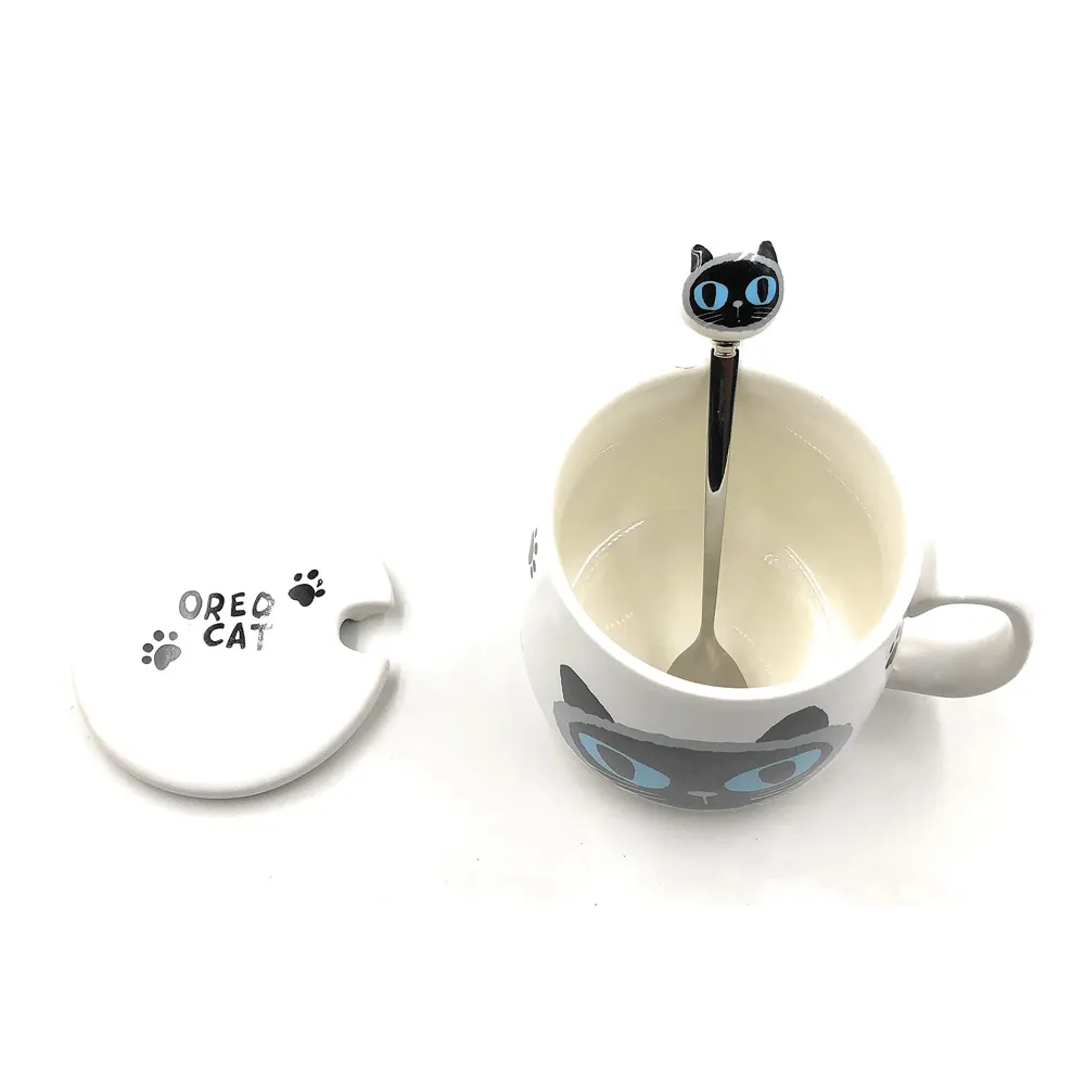 3-D Molded I Cute Animal Ceramic Mug with Spoon and Lid ~ Box Packed and High Detailing (White Oreo Cat)