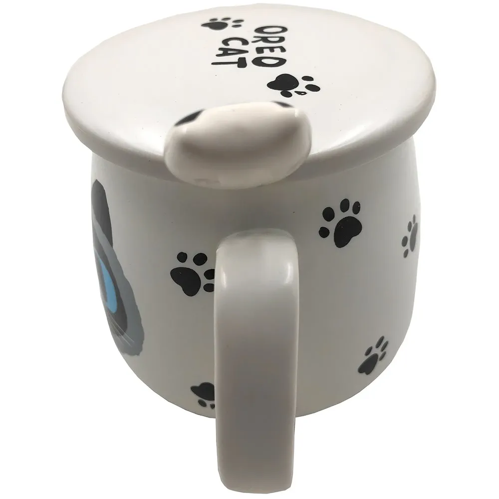 3-D Molded I Cute Animal Ceramic Mug with Spoon and Lid ~ Box Packed and High Detailing (White Oreo Cat)