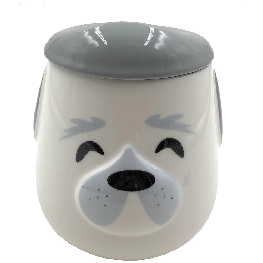 3-D Molded I Cute Animal Ceramic Mug with Spoon and Lid ~ Box Packed and High Detailing (Grey Dog Happy)