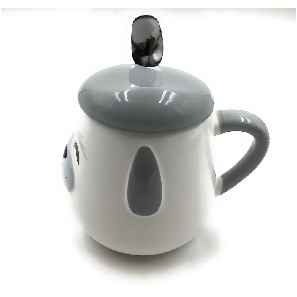 3-D Molded I Cute Animal Ceramic Mug with Spoon and Lid ~ Box Packed and High Detailing (Grey Dog Happy)
