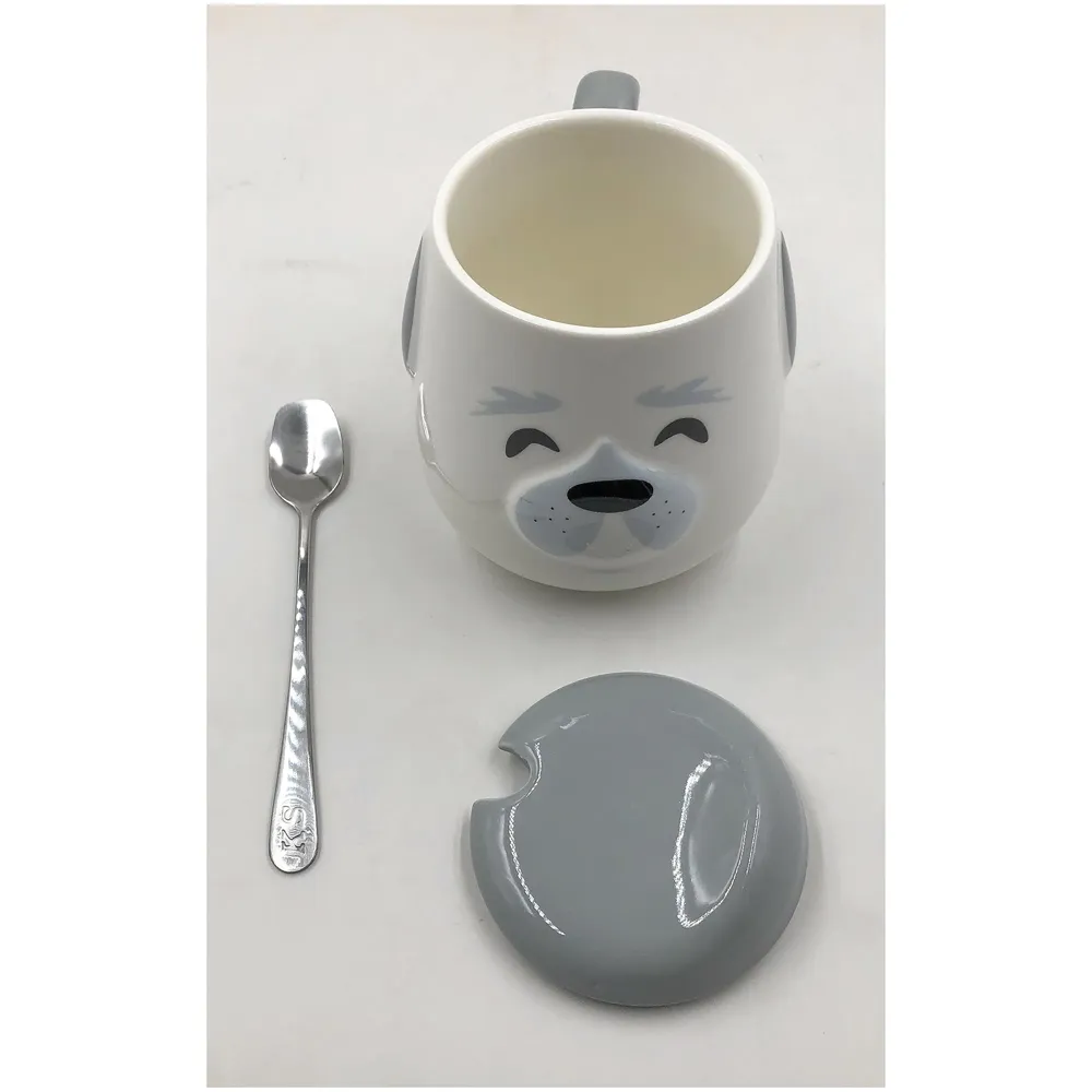 3-D Molded I Cute Animal Ceramic Mug with Spoon and Lid ~ Box Packed and High Detailing (Grey Dog Happy)