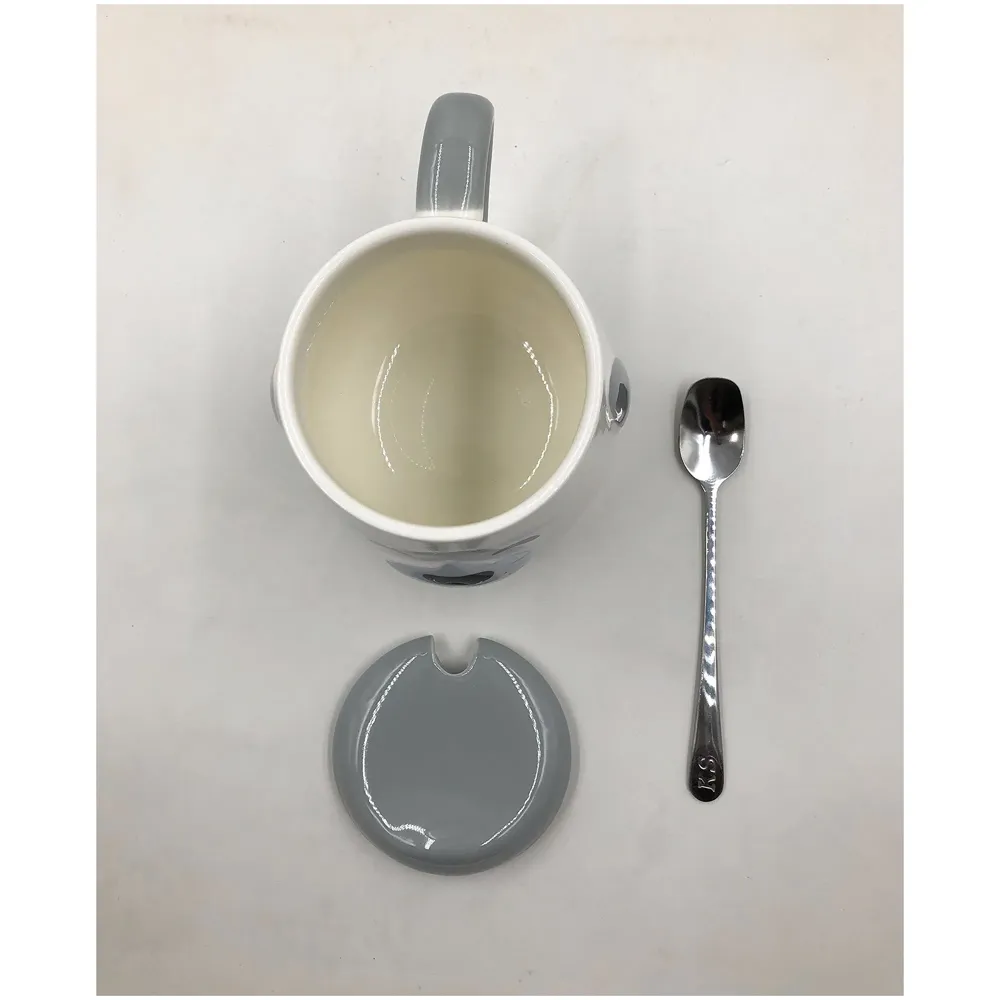 3-D Molded I Cute Animal Ceramic Mug with Spoon and Lid ~ Box Packed and High Detailing (Grey Dog Happy)
