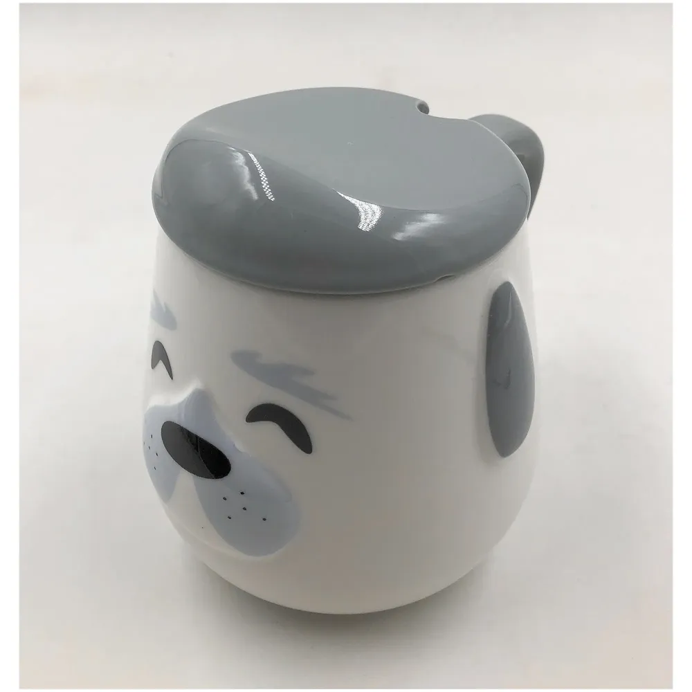 3-D Molded I Cute Animal Ceramic Mug with Spoon and Lid ~ Box Packed and High Detailing (Grey Dog Happy)