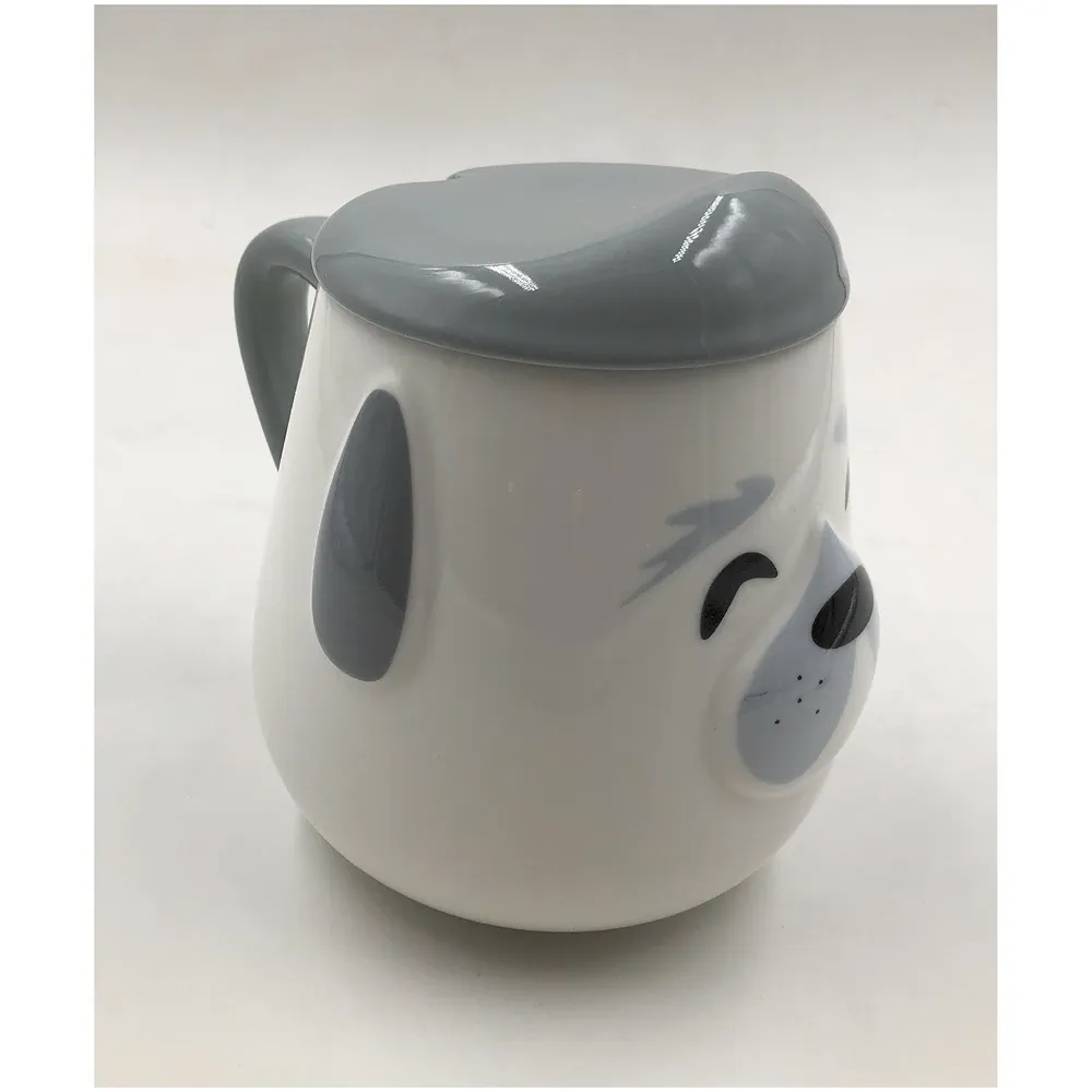 3-D Molded I Cute Animal Ceramic Mug with Spoon and Lid ~ Box Packed and High Detailing (Grey Dog Happy)