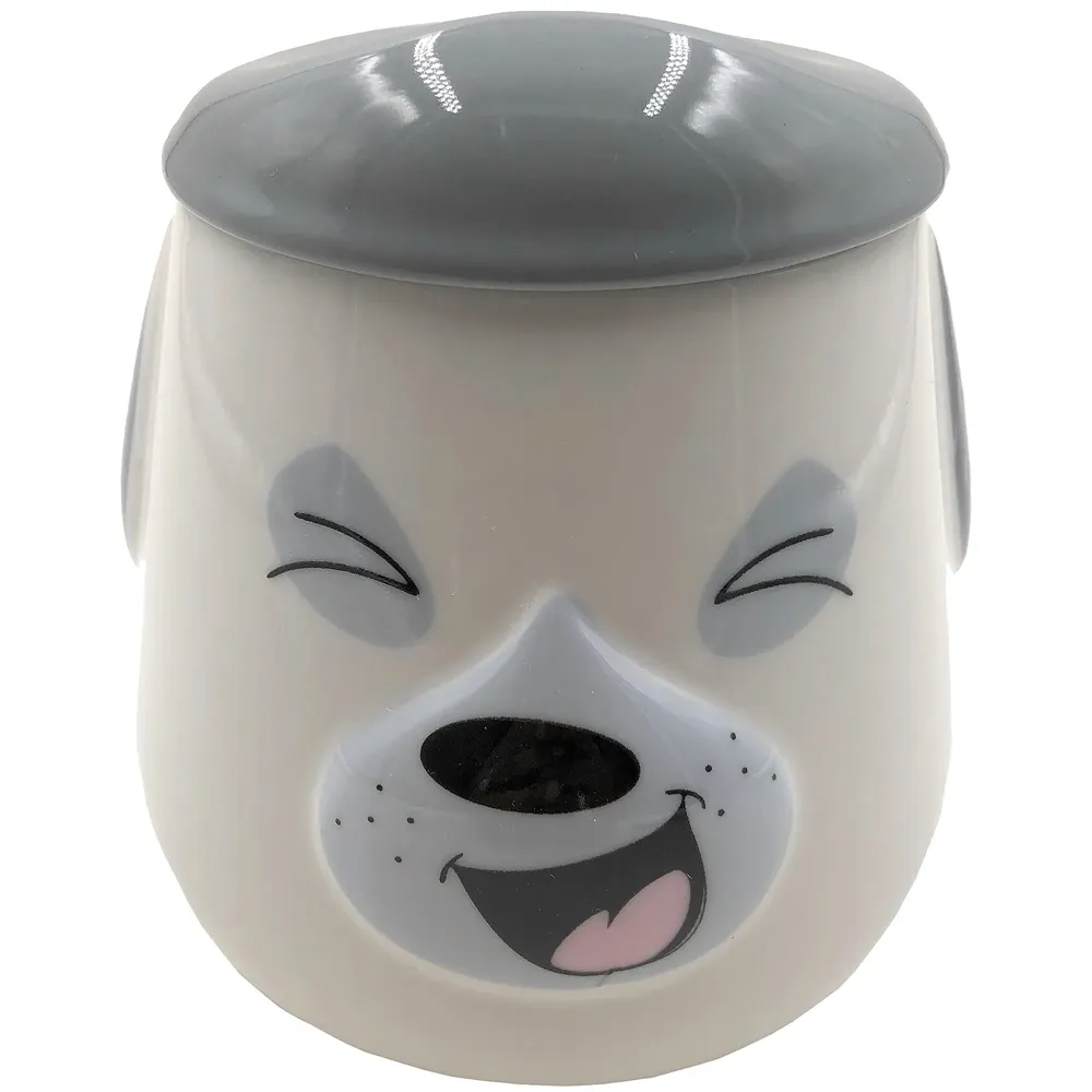 3-D Molded I Cute Animal Ceramic Mug with Spoon and Lid ~ Box Packed and High Detailing (Grey Dog Laughing)